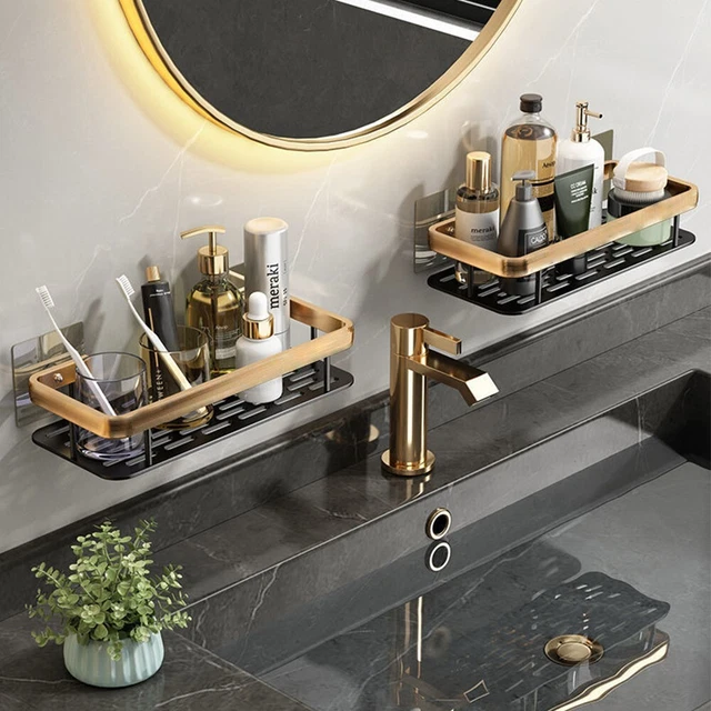 Rostfrei selbstklebendes Regal Organizer schwarz Badezimmer platzsparend mit Hak