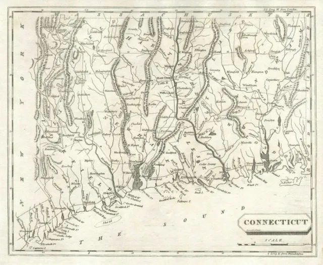 Connecticut state map by Arrowsmith & Lewis 1812 old antique plan chart