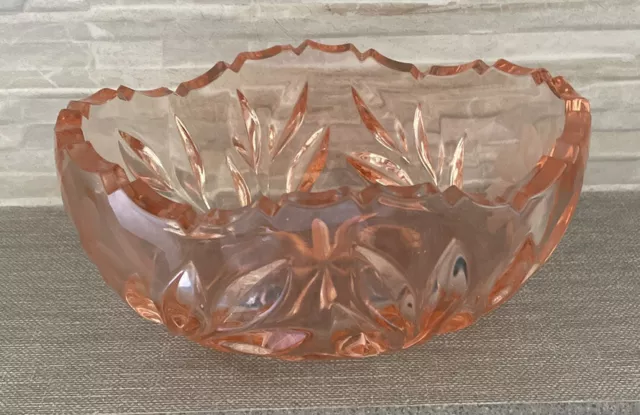Vintage Pink Etched Cut Glass Bowl Trinket Dish 6.5”x 3”
