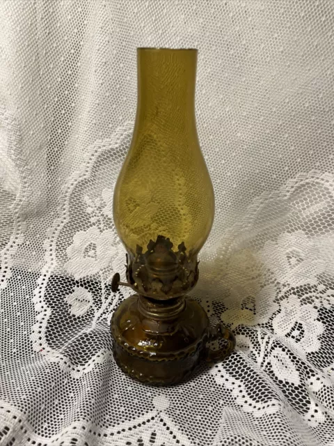 VINTAGE. Amber Miniature Oil Finger Lamp Hurricane Amber Glass Hong Kong 9.5”