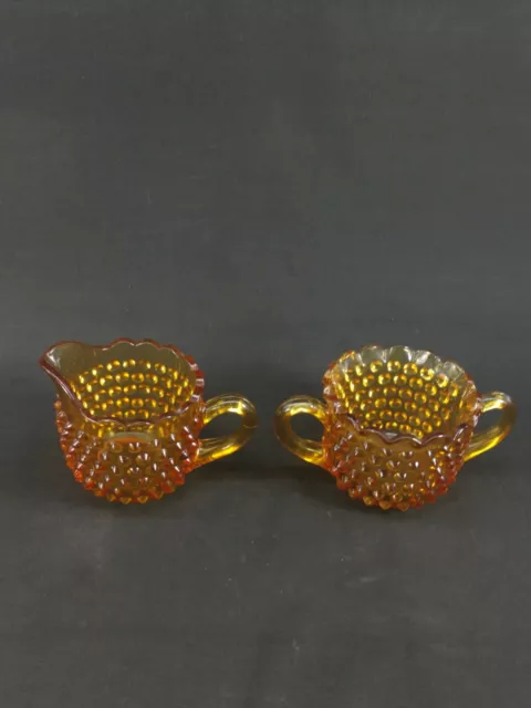 Amber Hobnail Scalloped Edge Creamer and Open Sugar Bowl