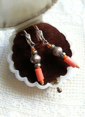 Antique vintage CORAL GLASS BEADS EARRINGS Africa ethnic sand-cast .925 silver