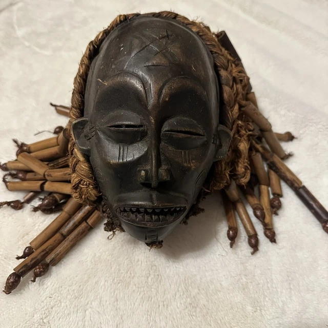 Chokwe Mask with Headdress African Tribal Art Hand carved Wood raffia