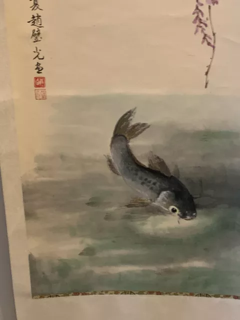 Vintage Original Signed Chinese Watercolor Scroll Painting Coi Koi Fish Asian 2