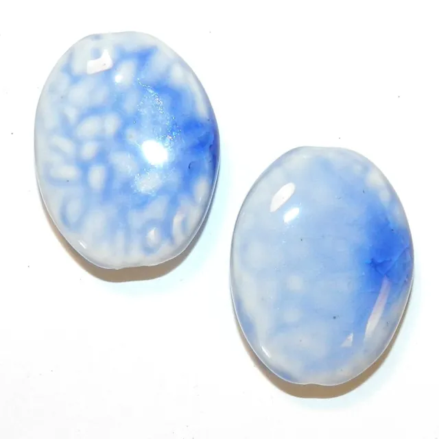 CPC313 Blue & White Dappled 29mm Flat Oval Glazed Porcelain Beads 6pc