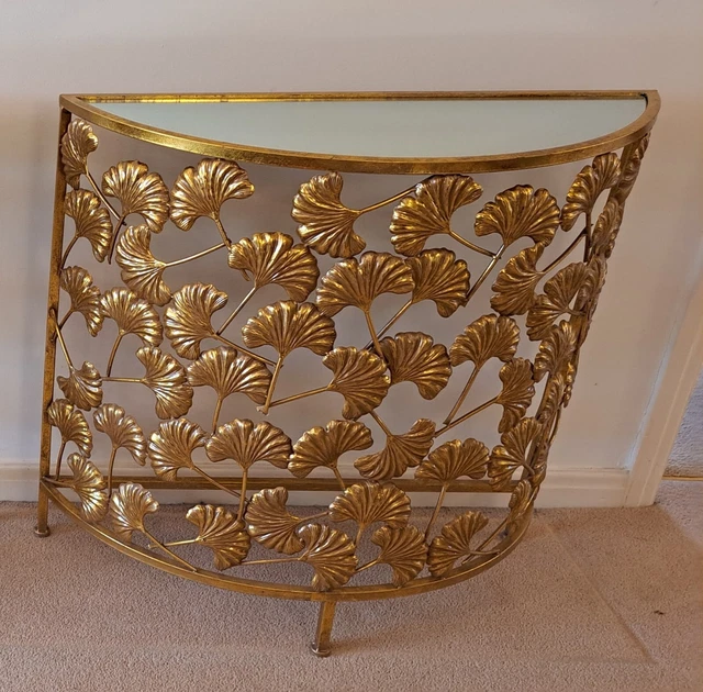 DECORATIVE GOLD GINKGO Leaf half moon console table with glass top £80.
