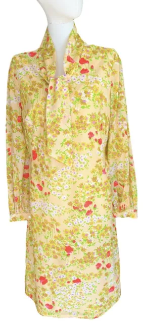 Vintage Yellow Floral Collared Long Sleeve Pullover Dress Women's Sz L