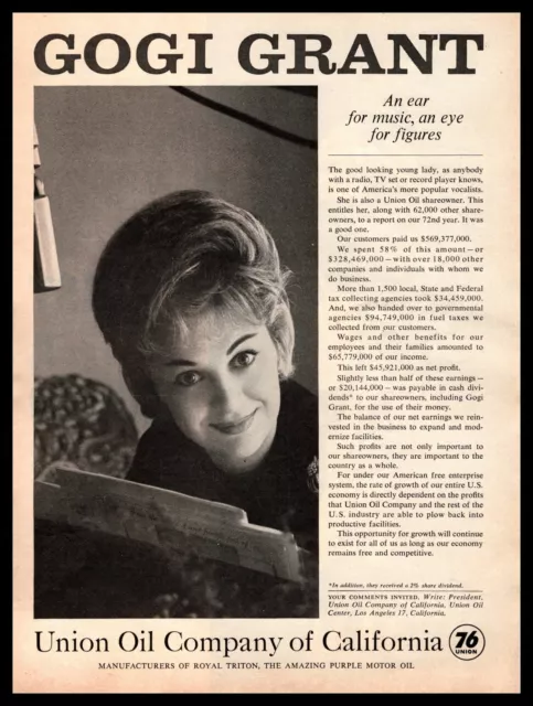 1963 Union 76 Oil Company Of California Gogi Grant Singer Shareholder Print Ad