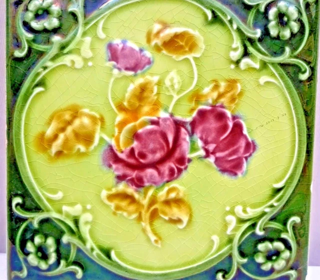 Antique Tile Majolica Art Nouveau England Rose Purple Architecture Floral #118 2