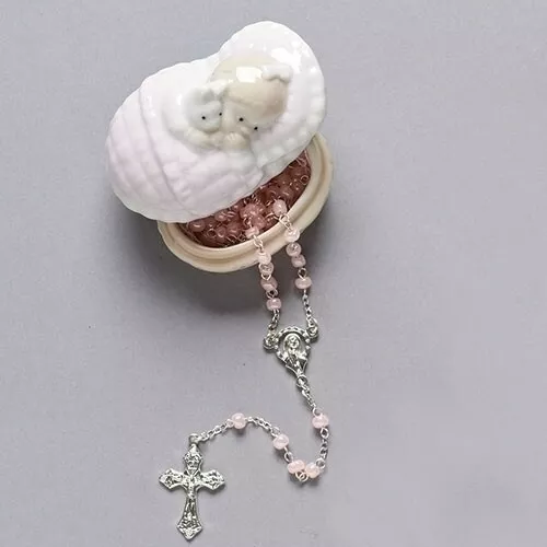 1.5"H Baby Girl Box W/Rosary Pink Rosary By Roman 31009