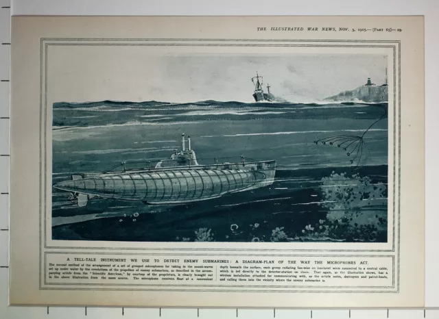 1915 Wwi Ww1 Print Detecting Enemy Submarines Diagram-Plan Microphones Act