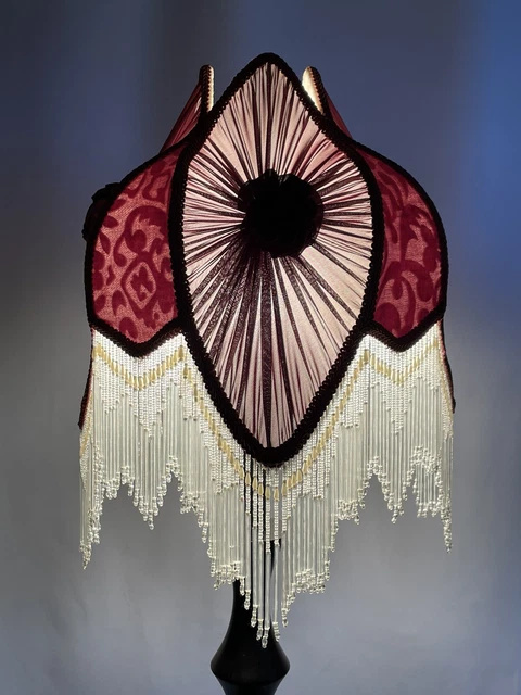 Vtg Victorian Bohemian Boho Lamp Shade Glass Beaded Fringe Red Burgundy Velvet