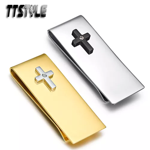 TTstyle 316L Stainless Steel Cross Money Clip Silver/Gold NEW