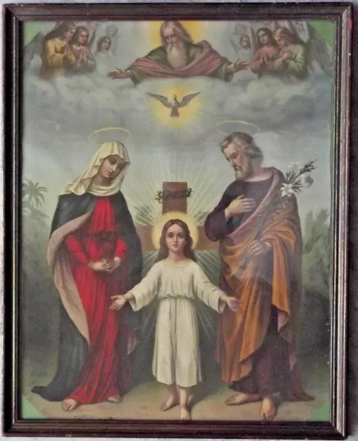 Antica rara icona Sacra Famiglia Madonna Gesù San Giuseppe Spirito Santo Angeli