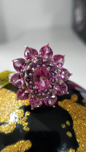 pink mystic topaz, orissa rhodolite garnet, diamond ring sterling silver size 8