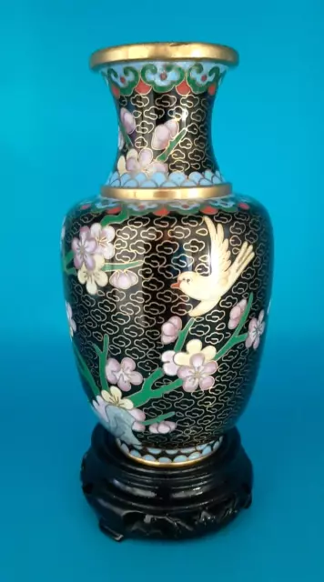 Vintage 5" tall Chinese Cloisonne Vase, Black, Brass Enameled; includes Stand