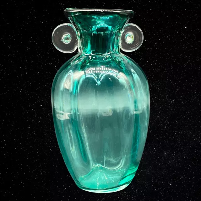 Vintage Art Glass Teal Applied Optic Double Handle Urn Vase 7.5”T 4”W