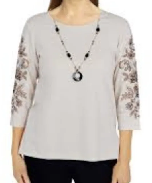 ALFRED DUNNER SECOND NATURE Embroidered Sleeve Top with Necklace Size ...