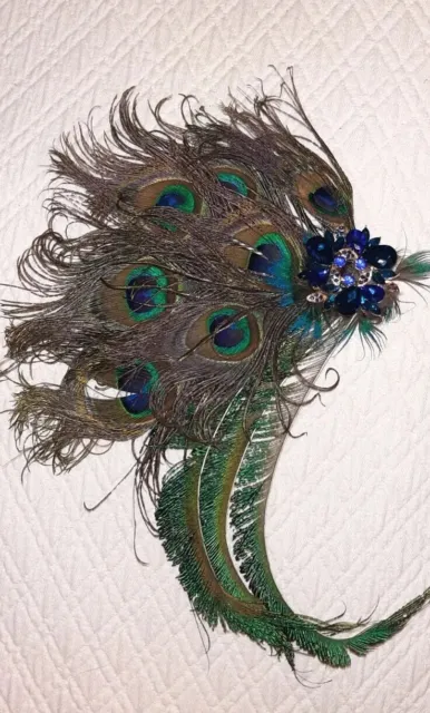 Peacock Feathers Hair Clip Brooch Headpiece Blue Rhinestones LG 11x8 Statement