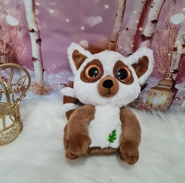 08 - Doudou Peluche Lemurien Marron Blanc Yeux Brillant Fizzy Neuf