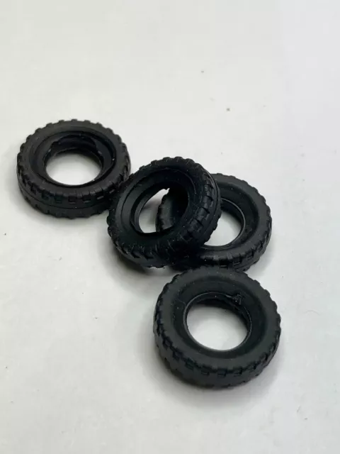 4 Dinky Toy black rubber  TIRES 15mm square / block tread for cars