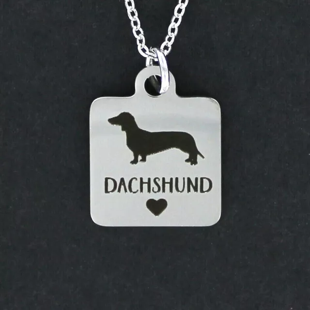 DACHSHUND Necklace - Stainless Steel Charm on Chain Square Heart Dog Engraved