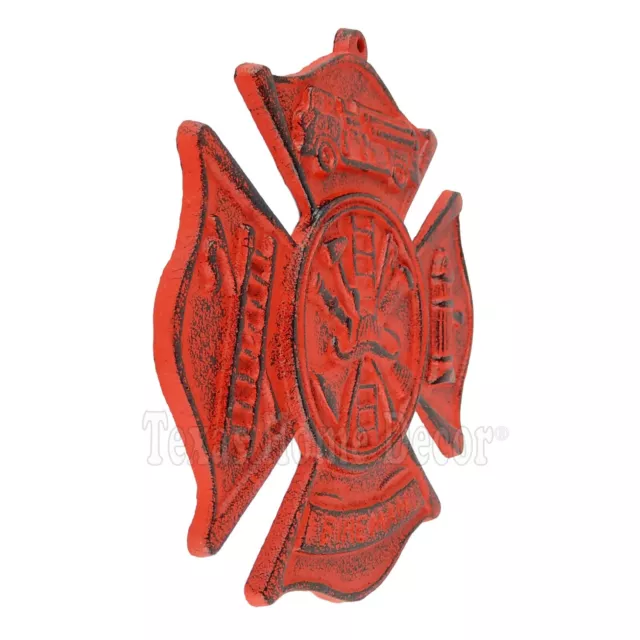 Cast Iron Red Fireman Firefighter Wall Decor Emblem Logo Plaque Maltese Cross 3