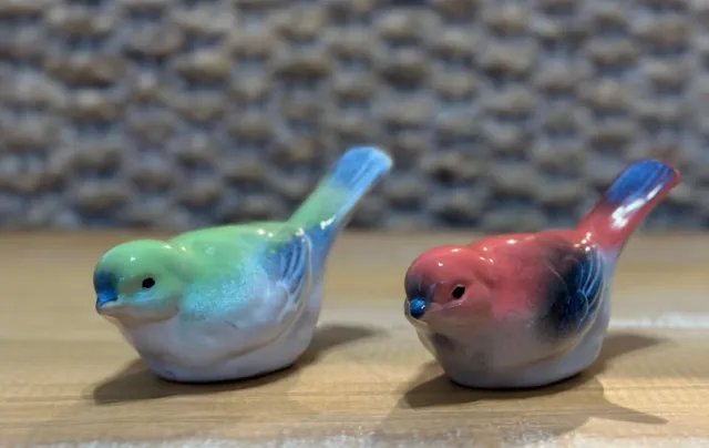 Pair Of Pottery Birds Blue/green Pink/blue
