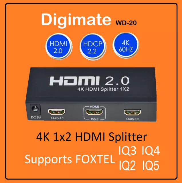 1x2 HDMI Splitter V2.0 1 in 2 out 4K 3D 1080p HDCP2.2 Support FOXTEL IQ3 IQ4 IQ5