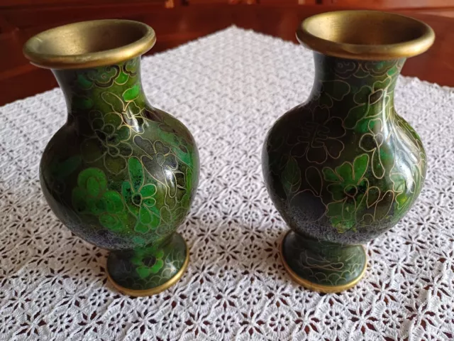 Juego de 2 jarrones antiguos de cloisonné verde vintage