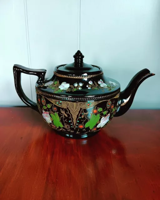 John Sadler Central Burslem England  Teapot Black Enamel Floral Flowers No. 147