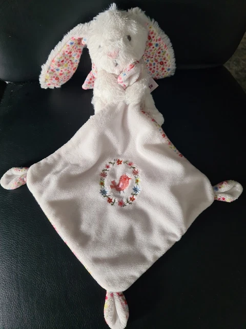 doudou mouchoir lapin blanc fleurs liberty rose oiseau POMMETTE