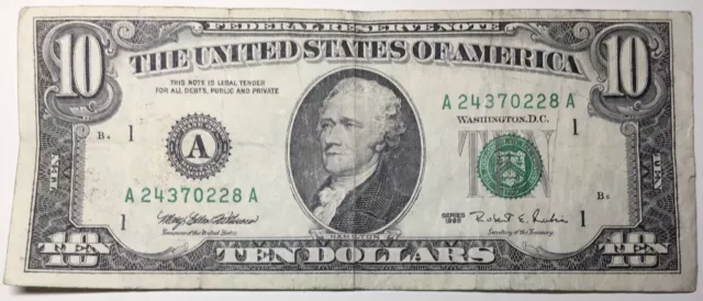 1995  $10 Ten Dollar Bill Federal Reserve Note  Boston MA Vintage Old Currency