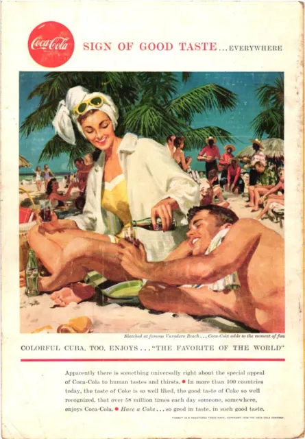 1958 Coca Cola Print Ad Sunbathing Crowded Varadero Blue Beach Cuba