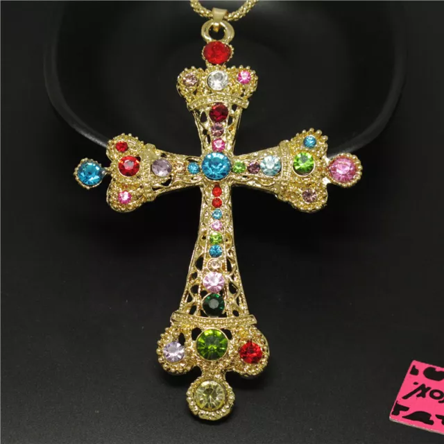 Hot Betsey Johnso Colorf Bling Jesus Prayer Cross Crystal Pendant Women Necklace
