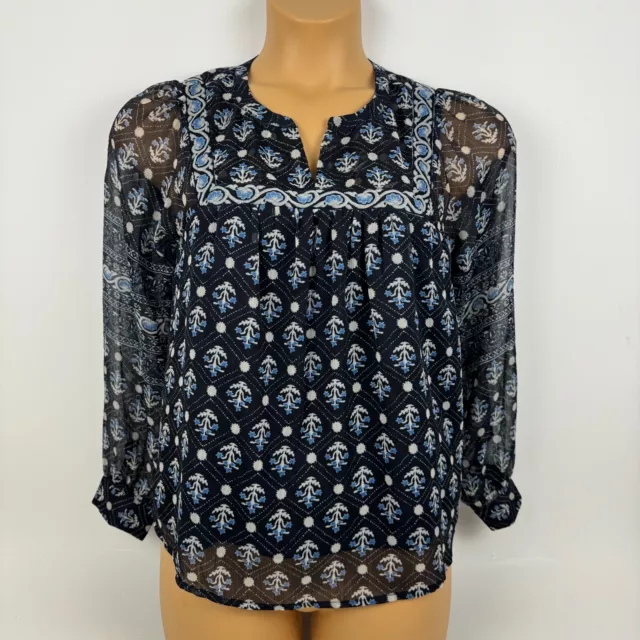 Lucky Brand Long Sleeve Notch Neck Border Print Blouse Top Boho Womens Small S