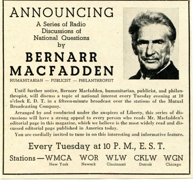 1936 small PRINT AD Radio Discussions of National Questions by Bernarr Macfadden