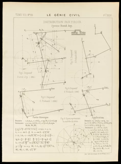 1886 - Plano Antiguo Tiempo Para Cajón (Máquina Para Steam ). Genio Civil