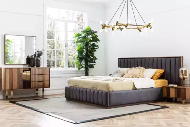 Cama 2 mesitas de noche 5 piezas Juego de dormitorio diseñador lujo cómoda espejo