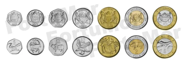 Botswana 7 Pcs Coin Set, 5 10 25 50 Thebe 1 2 5 Pula 2013 2016, UNC, Animals