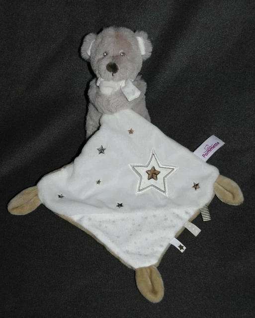 Doudou Ours Beige POMMETTE Mouchoir Blanc Etoile Echarpe Pois Peluche Etat NEUF