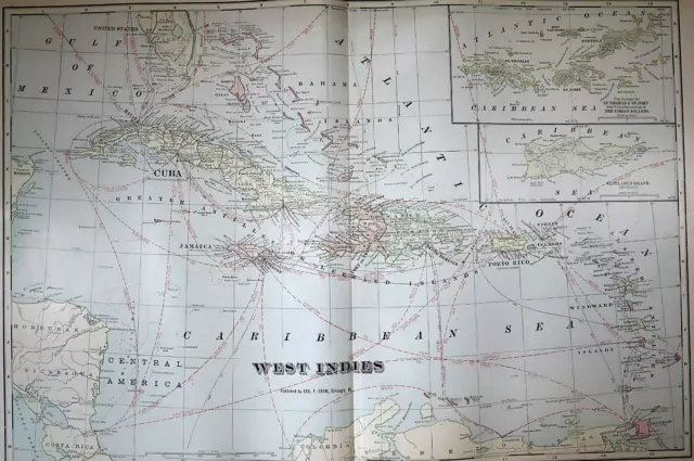 Old (Lg14x22) 1904 Cram's Atlas Map ~ CARIBBEAN / WEST INDIES~ Free S&H ~Inv#294