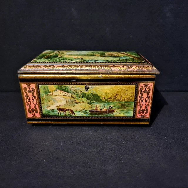 Grande Boîte En Fer Lithographié Ancienne - Motif Lac Léman / Crépuscules Naples