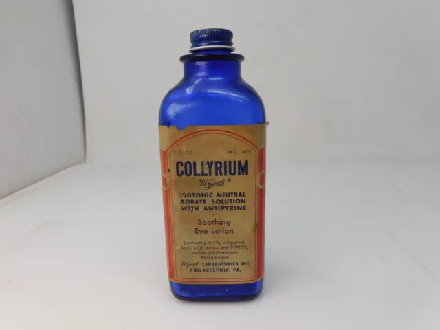 Vintage Wyeth Cobalt Blue Glass Bottle 5 1/2"  Eye Wash Collyrium w/ Screw Lid