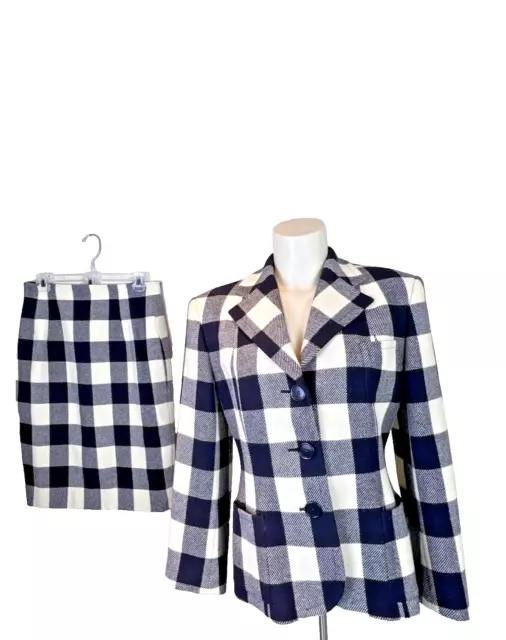 Ralph Lauren Womens Cream Black Check Wool Cashmere Suit Size 10-12 Skirt Blazer