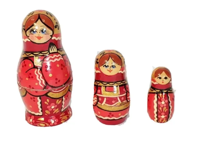 Gorgeous Russian Matpewka Nesting Dolls Hand Painted Set Of 3 W/ Sticker