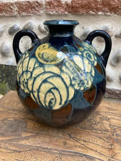 Très Beau VASE De Savoie 1930 Ceramique Vernissée Bleu Jaune Boule art Déco
