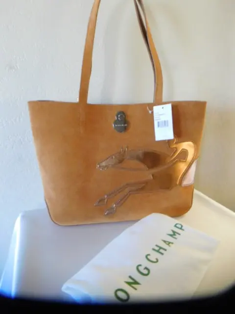 New Longchamp SHOP IT Medium Camel Suede Leather Tote Shoulder Bag, Handbag 3