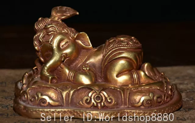 3.2" Old Tibet Bronze Gilt Ganesh Lord Ganesha Elephant God Buddha Statue