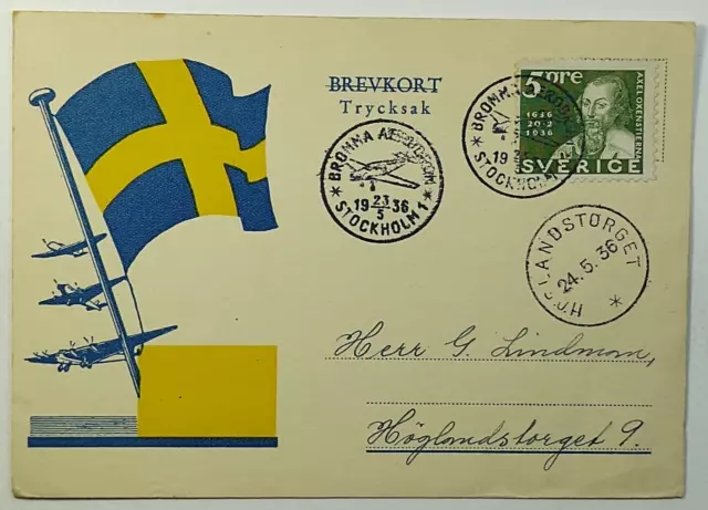 1936 FDC Sweden Airmail Cover Bromma Aerodrome Stockholm to Höglandstorget